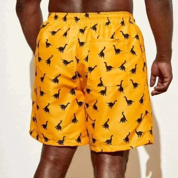 Yellow Vacation Style Men's Dinosaur Print Swim Trunks - Picture 2 of 5
